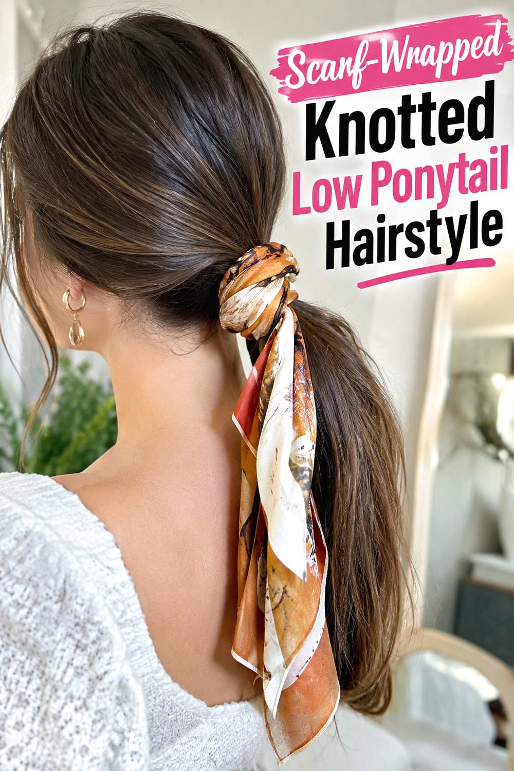 Scarf-Wrapped Knotted Low Ponytail Hairstyle