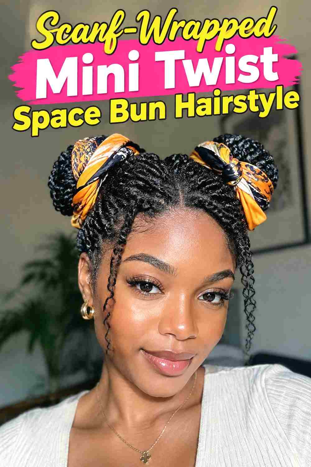 9. Scarf Wrapped Mini Twist Space Bun Hairstyle