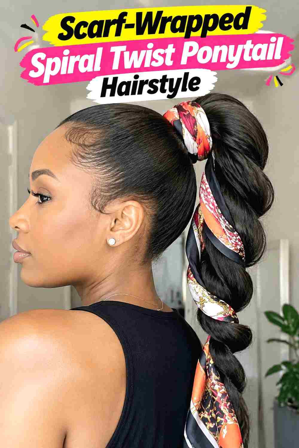 12. Scarf Wrapped Spiral Twist Ponytail Hairstyle