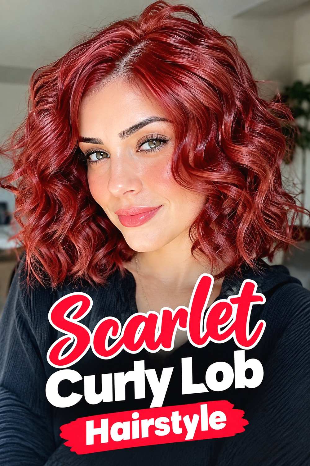 13. Scarlet Curly Lob Hairstyle