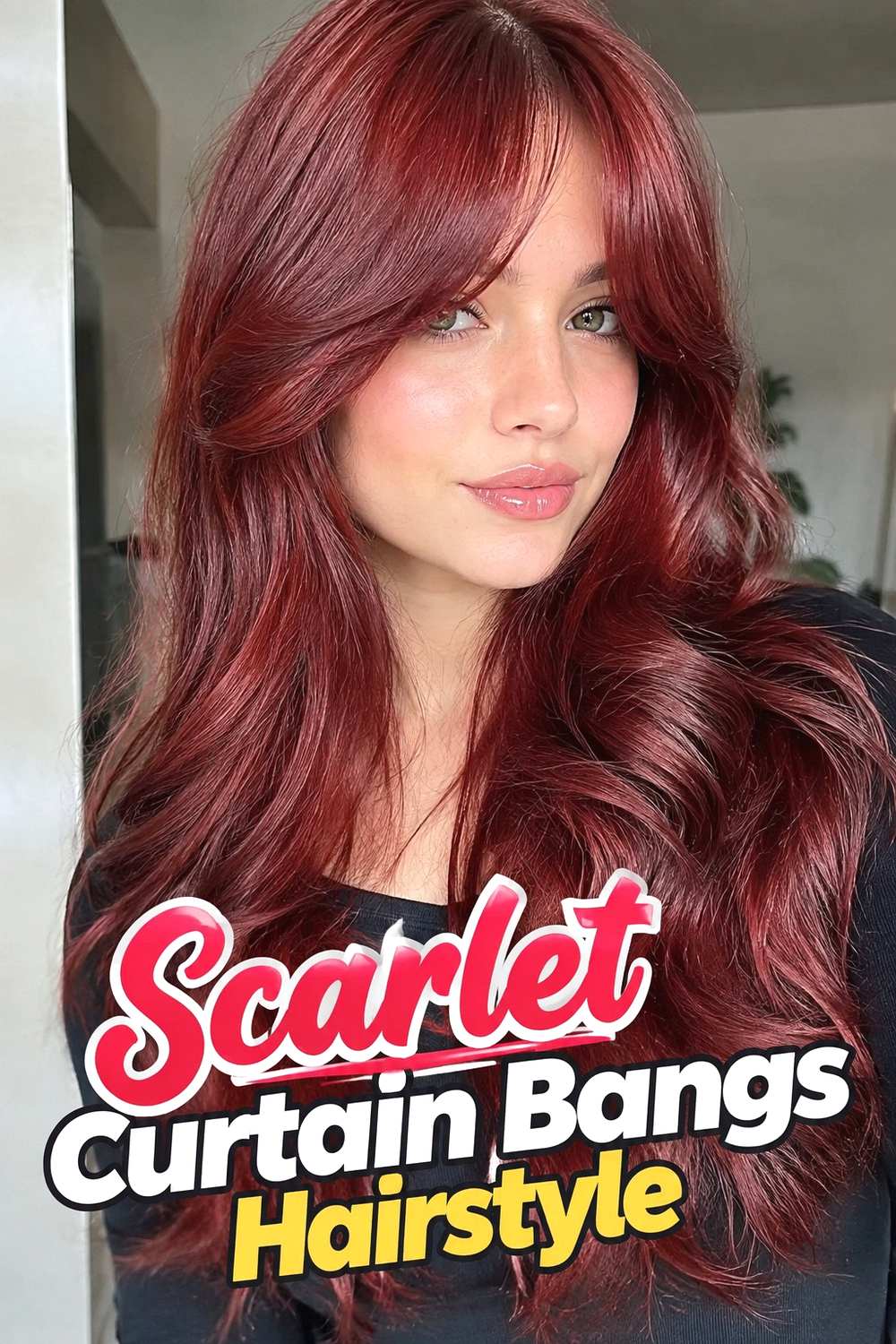 4. Scarlet Curtain Bangs Hairstyle