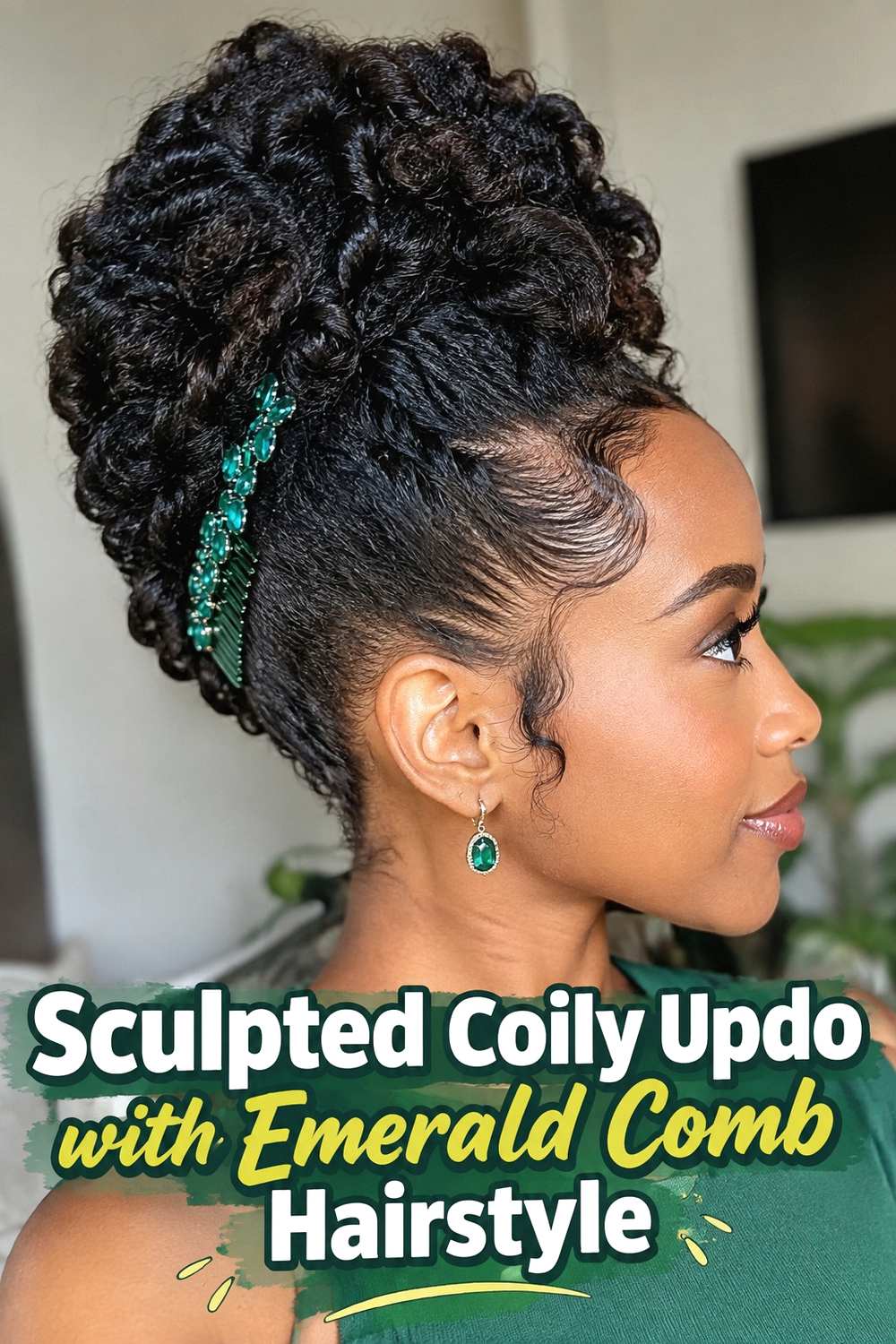 15. Sculpted Coily Updo With Emerald Comb Hairstyle
