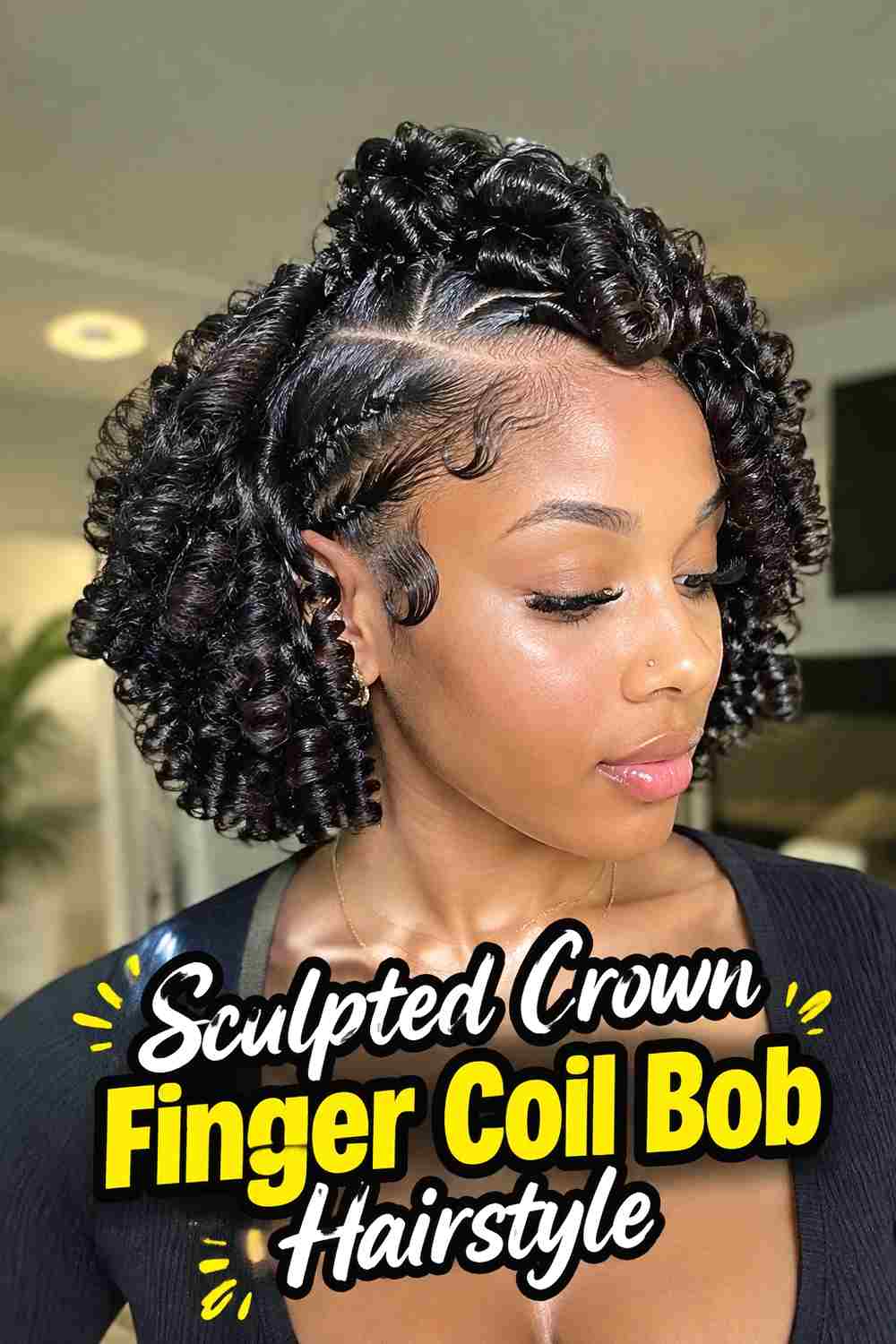 20. Sculpted Crown Finger Coil Bob Hairstyle