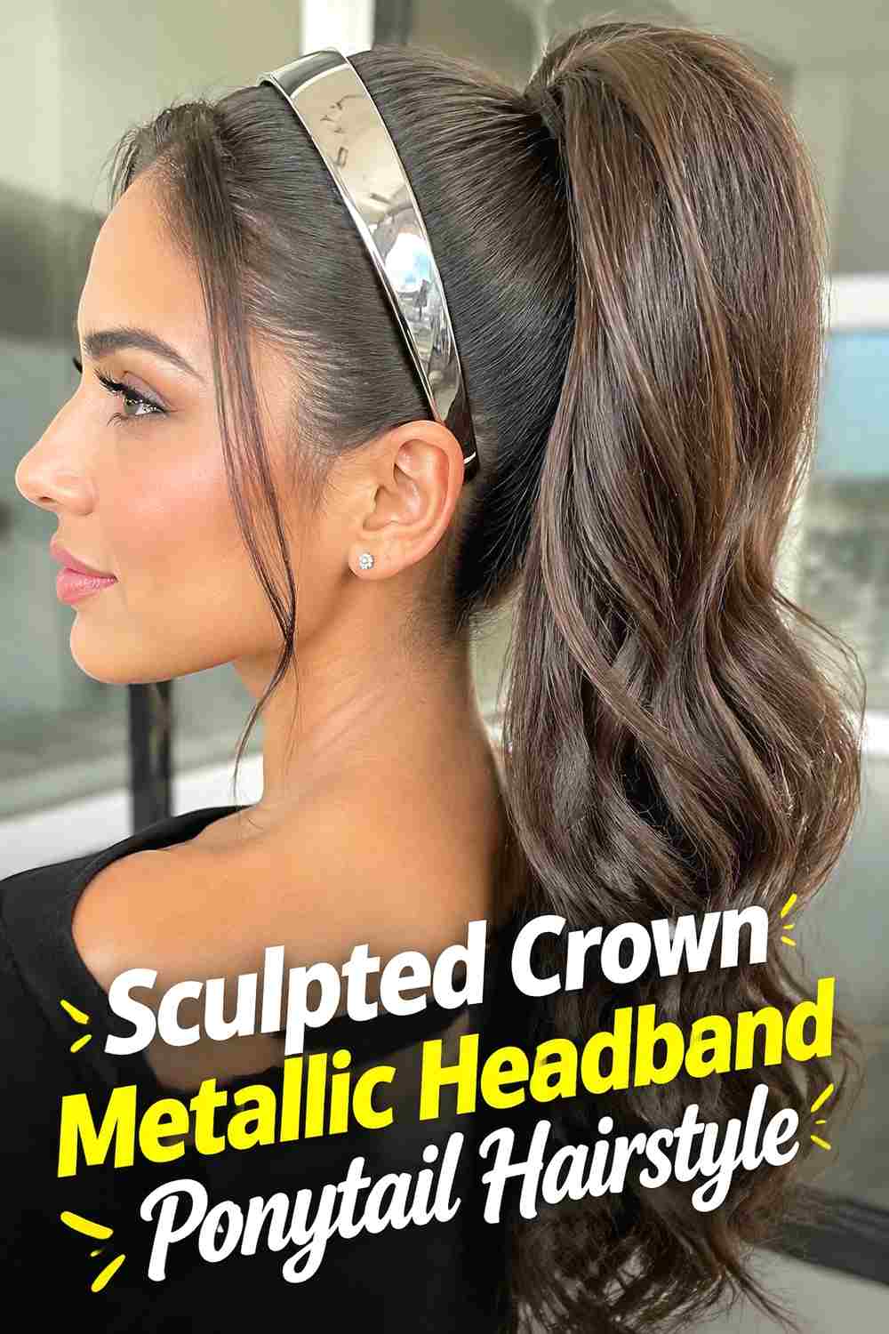 14. Sculpted Crown Metallic Headband Ponytail Hairstyle