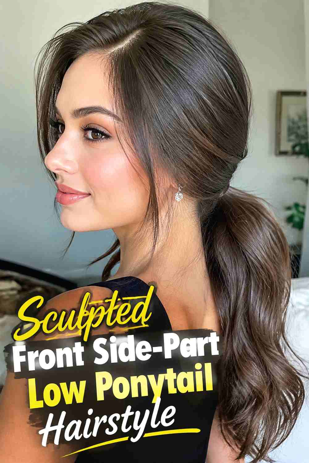 12. Sculpted Front Side Part Low Ponytail Hairstyle