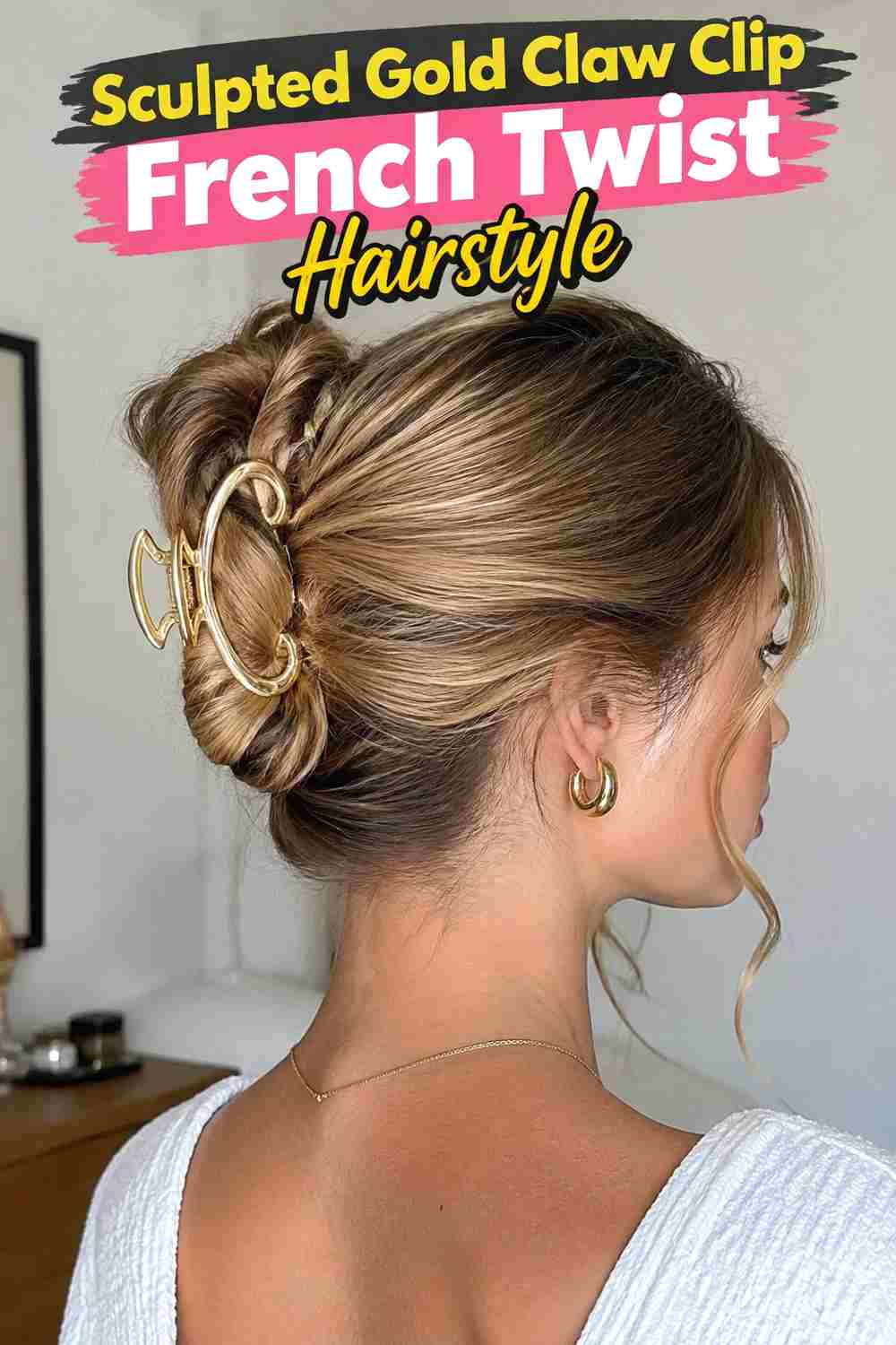 18. Sculpted Gold Claw Clip French Twist Hairstyle