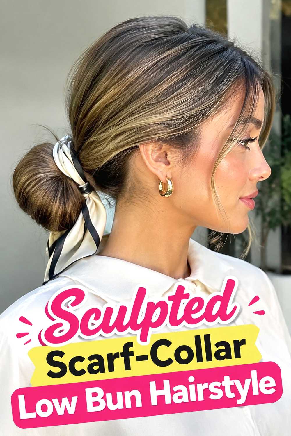 15. Sculpted Scarf Collar Low Bun Hairstyle