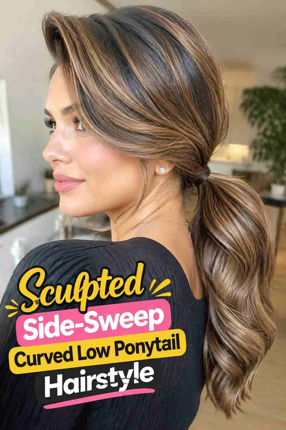 9. Sculpted Side Sweep Curved Low Ponytail Hairstyle