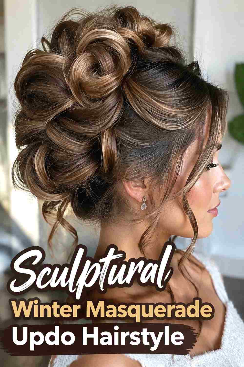 9. Sculptural Winter Masquerade Updo Hairstyle