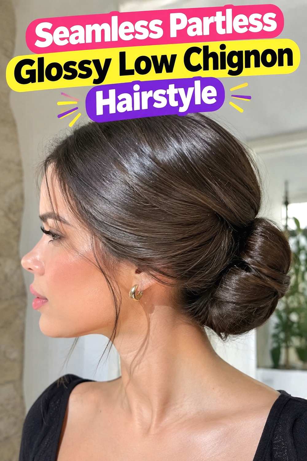14. Seamless Partless Glossy Low Chignon Hairstyle