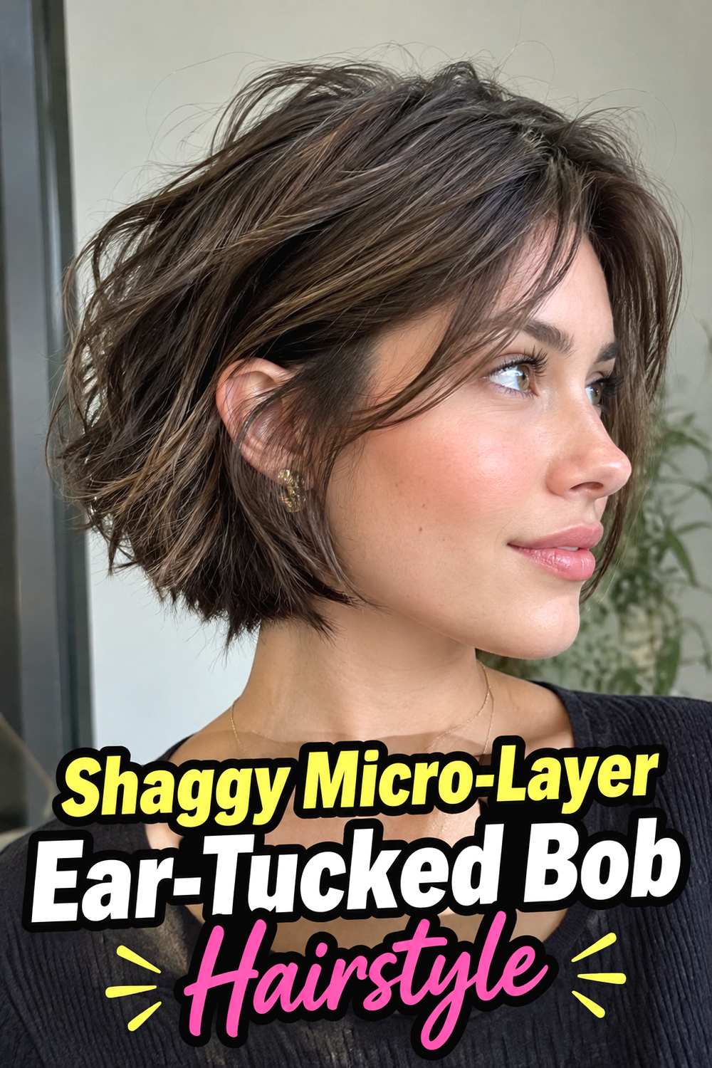 14. Shaggy Micro Layer Ear Tucked Bob Hairstyle