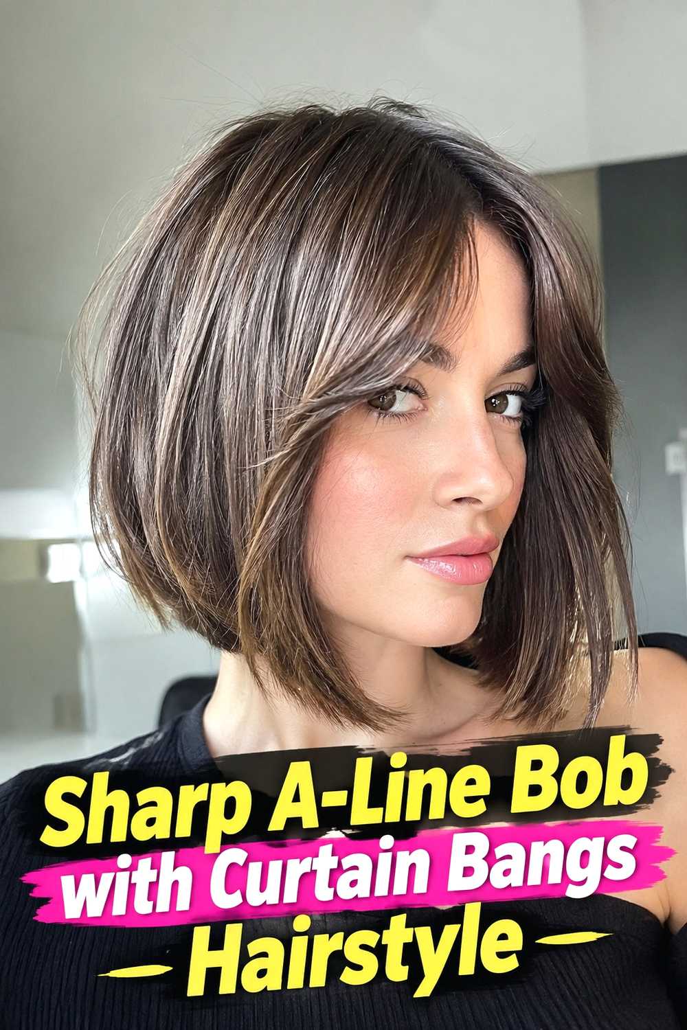 9. Sharp A Line Bob With Curtain Bangs Hairstyle