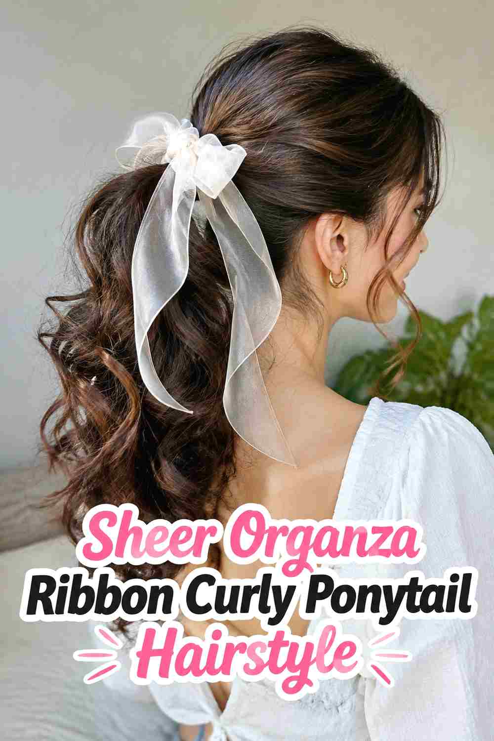 9. Sheer Organza Ribbon Curly Ponytail Hairstyle