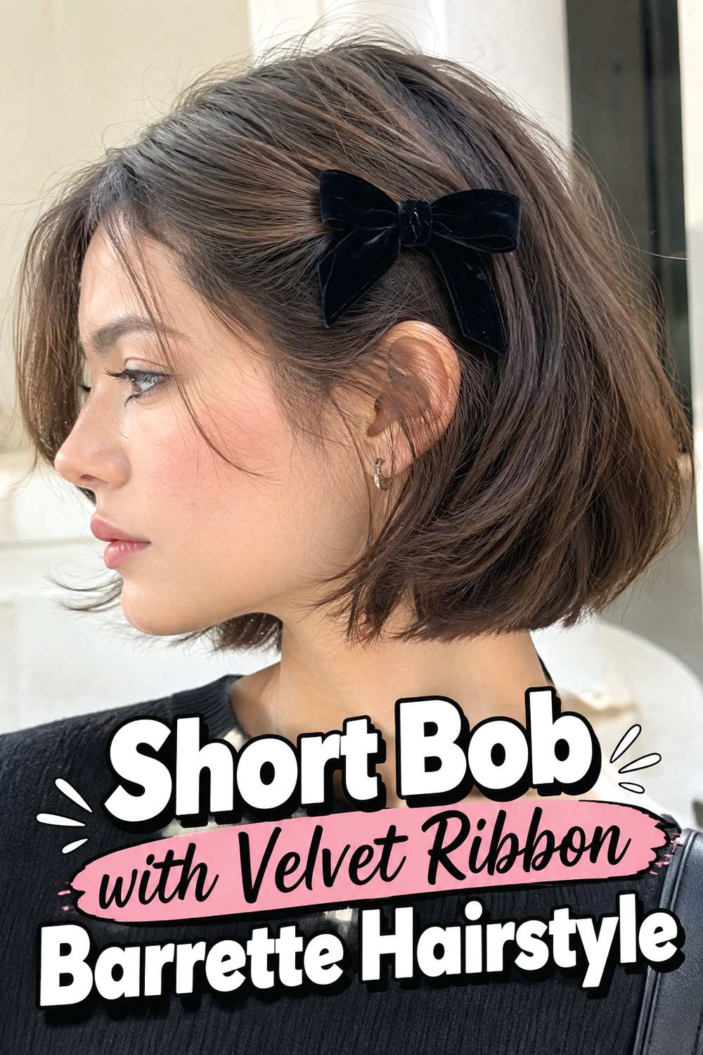 Short Bob with Velvet Ribbon Barrette Hairstyle
