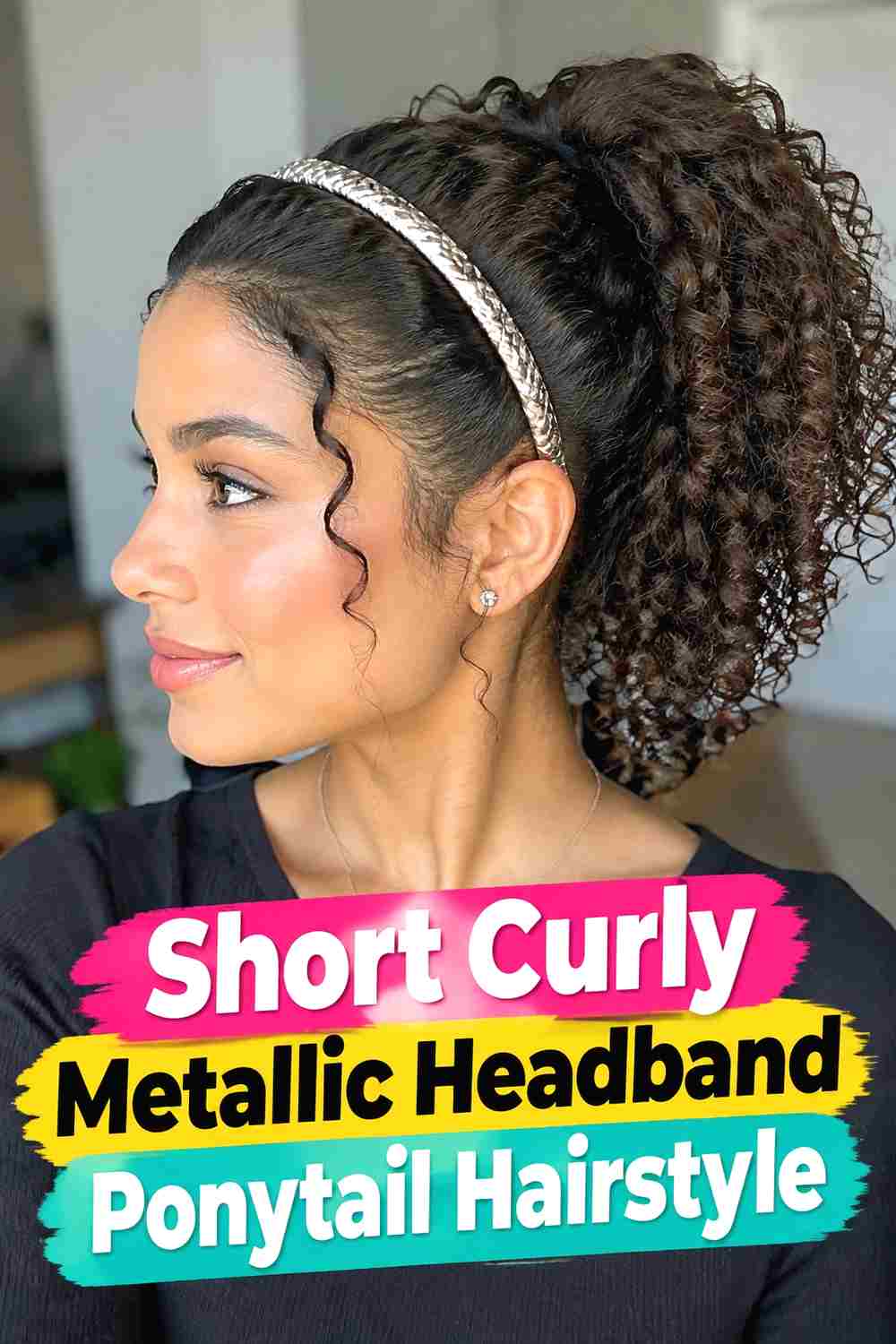 16. Short Curly Metallic Headband Ponytail Hairstyle