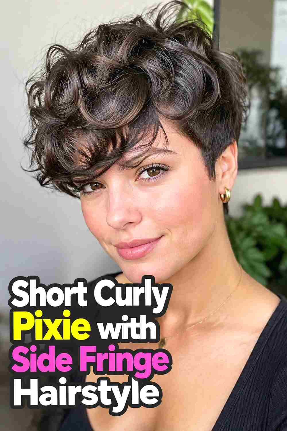 6. Short Curly Pixie With Side Fringe Hairstyle