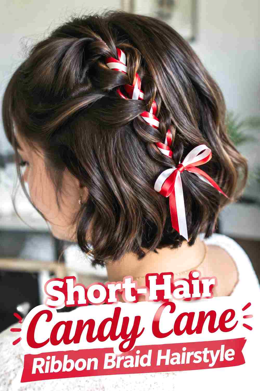 17. Short Hair Candy Cane Ribbon Braid Hairstyle