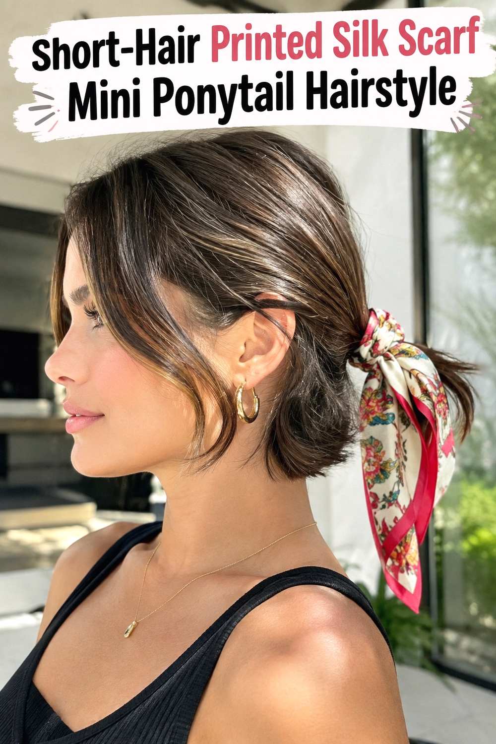 14. Short Hair Printed Silk Scarf Mini Ponytail Hairstyle