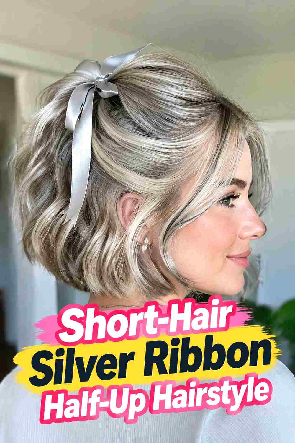 18. Short Hair Silver Ribbon Half Up Hairstyle