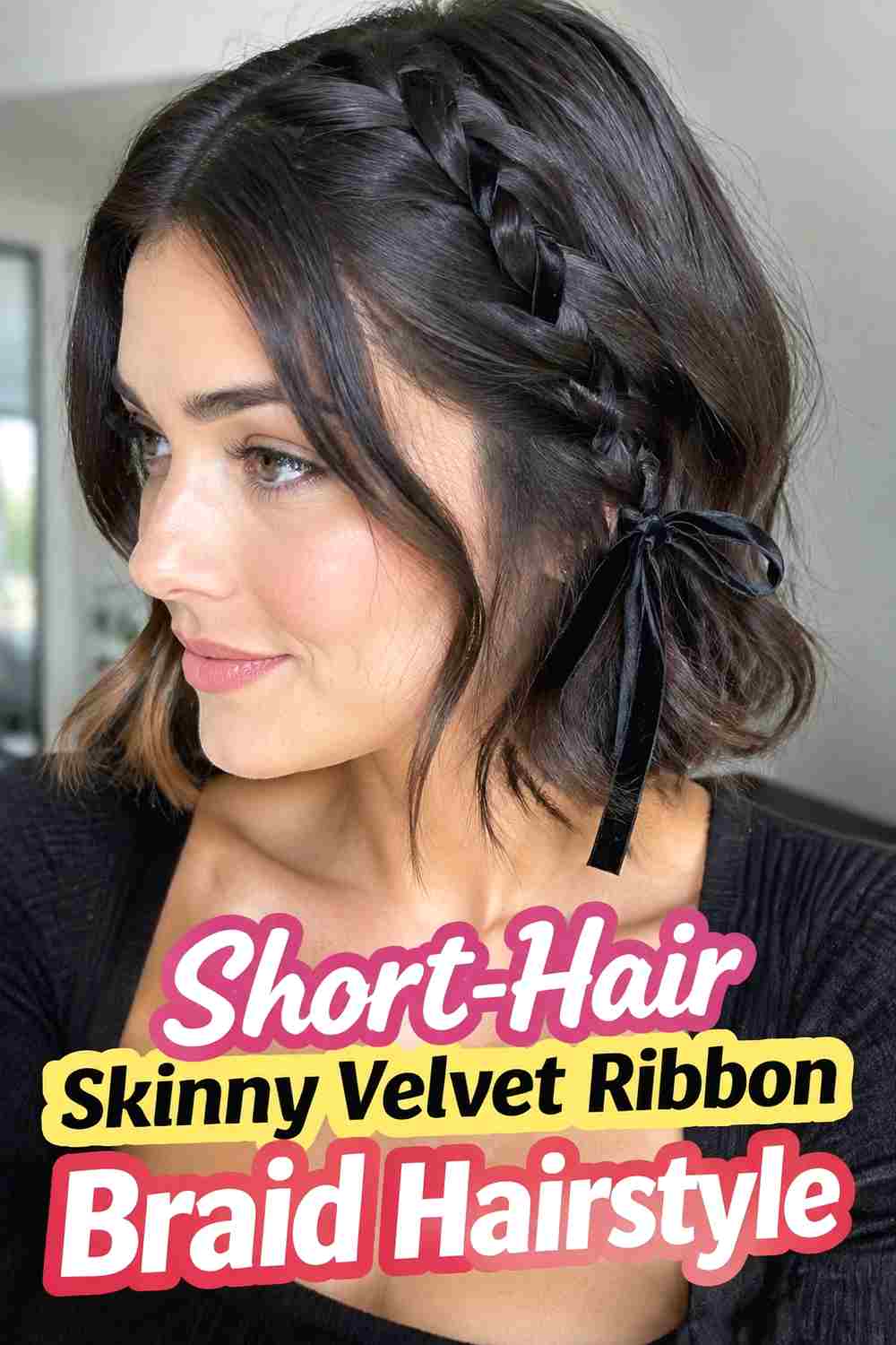 15. Short Hair Skinny Velvet Ribbon Braid Hairstyle