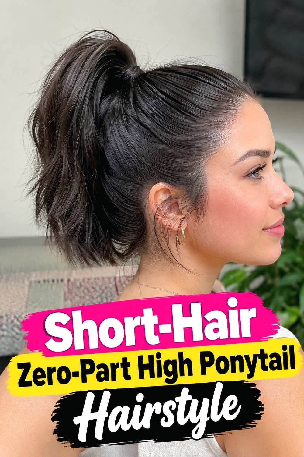 13. Short Hair Zero Part High Ponytail Hairstyle