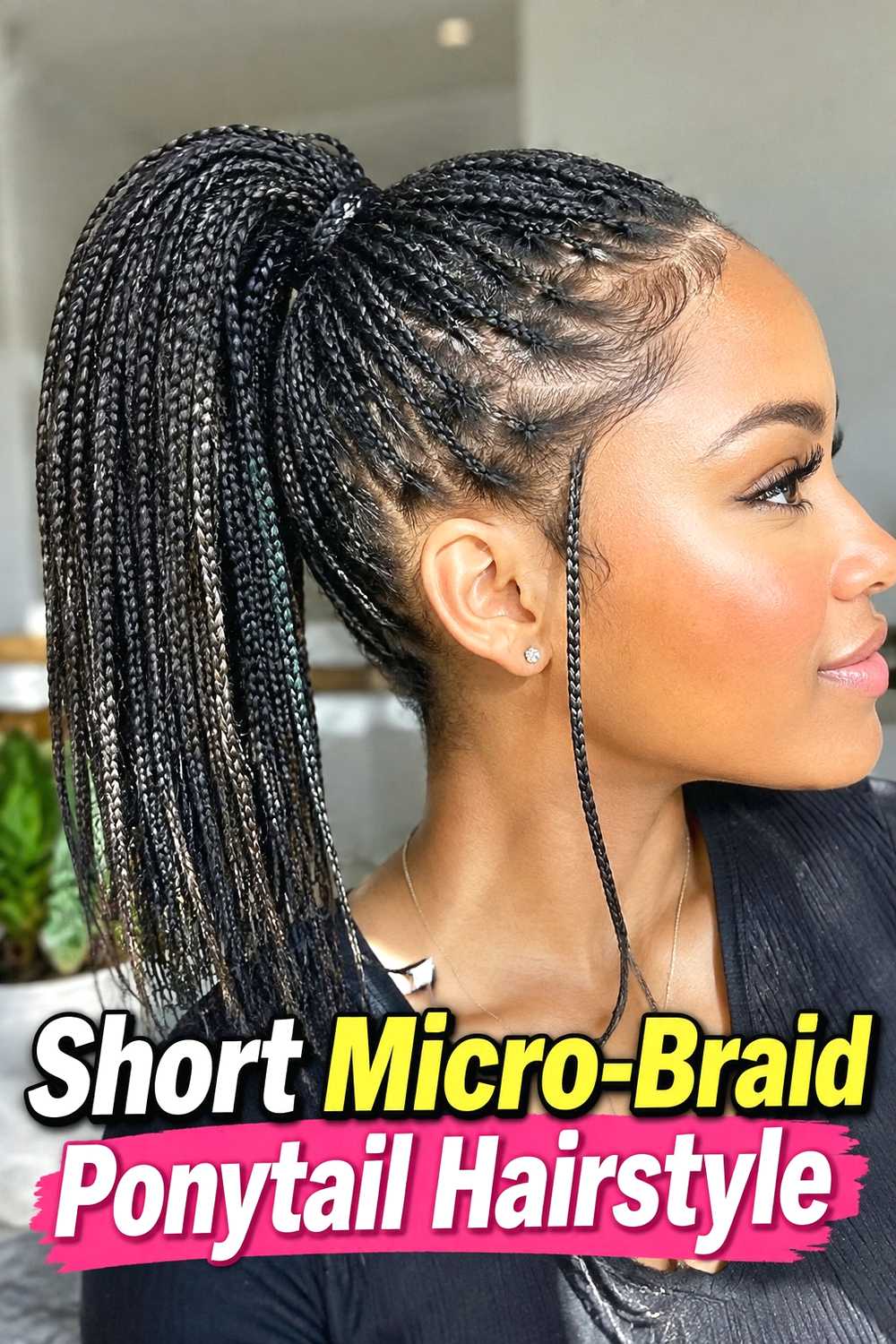 16. Short Micro Braid Ponytail Hairstyle