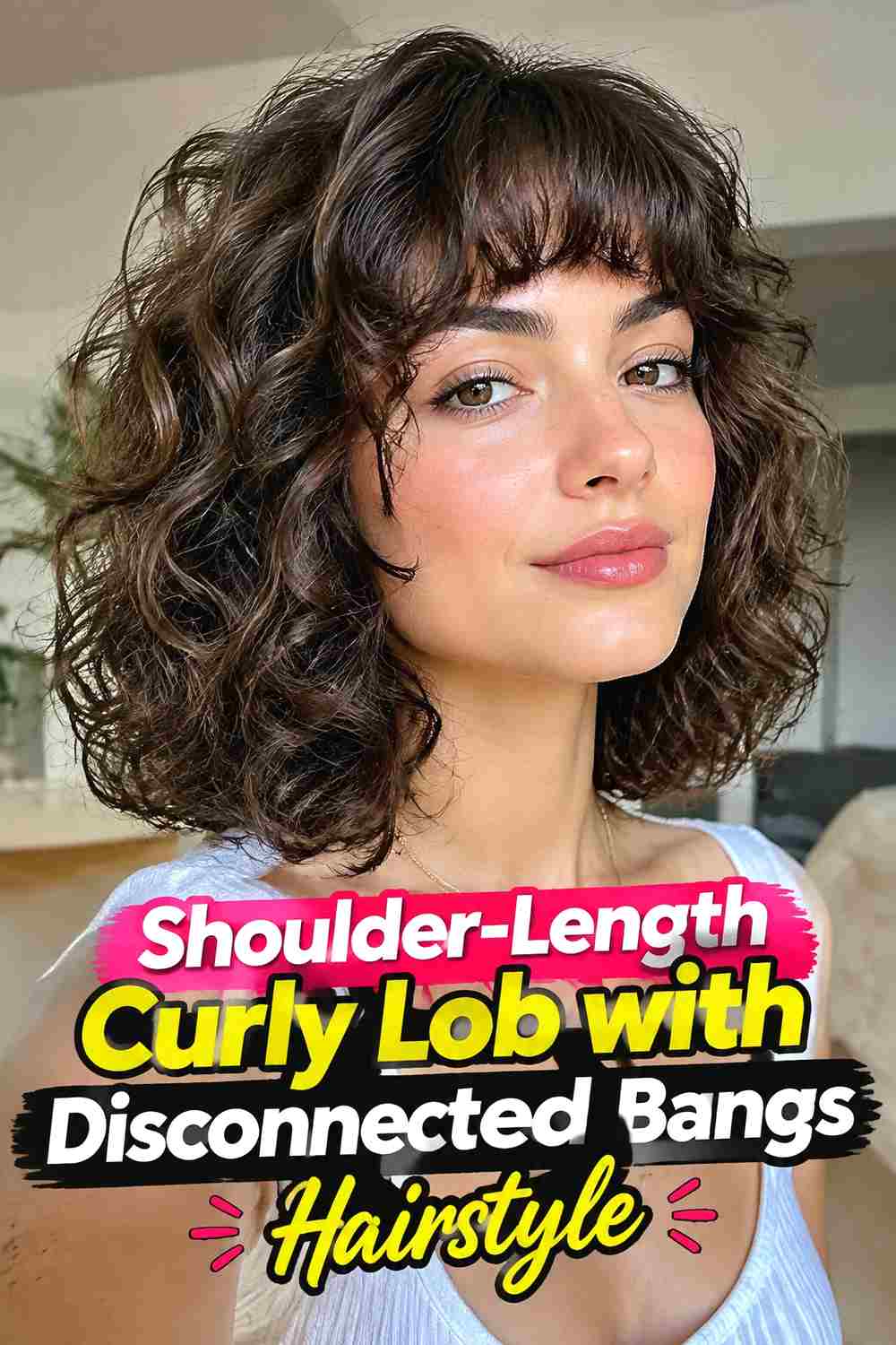 5. Shoulder Length Curly Lob With Disconnected Bangs Hairstyle