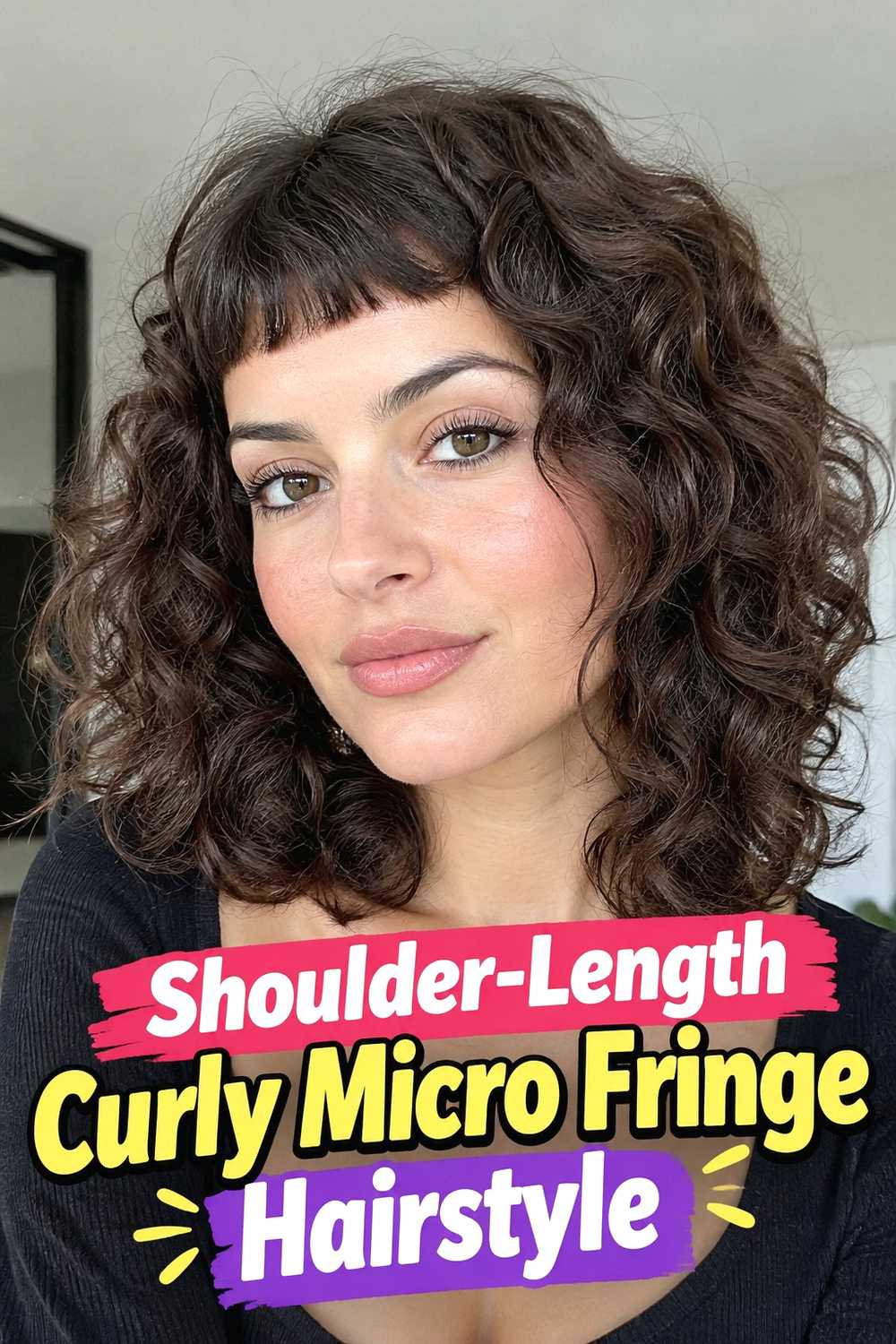 8. Shoulder Length Curly Micro Fringe Hairstyle