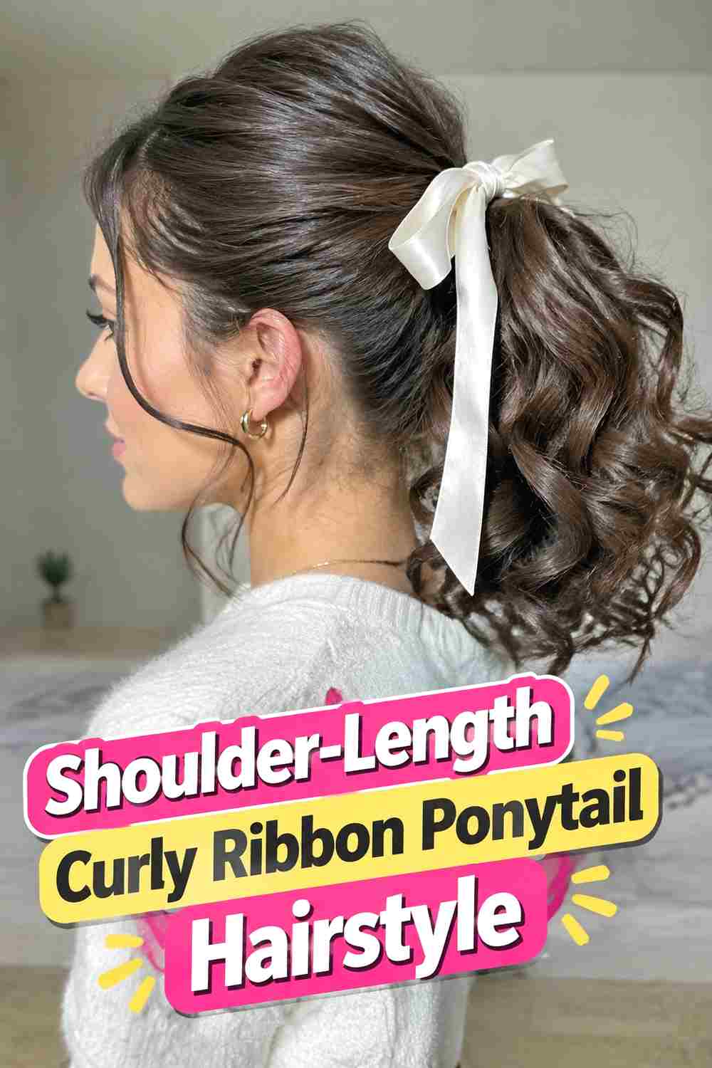 17. Shoulder Length Curly Ribbon Ponytail Hairstyle