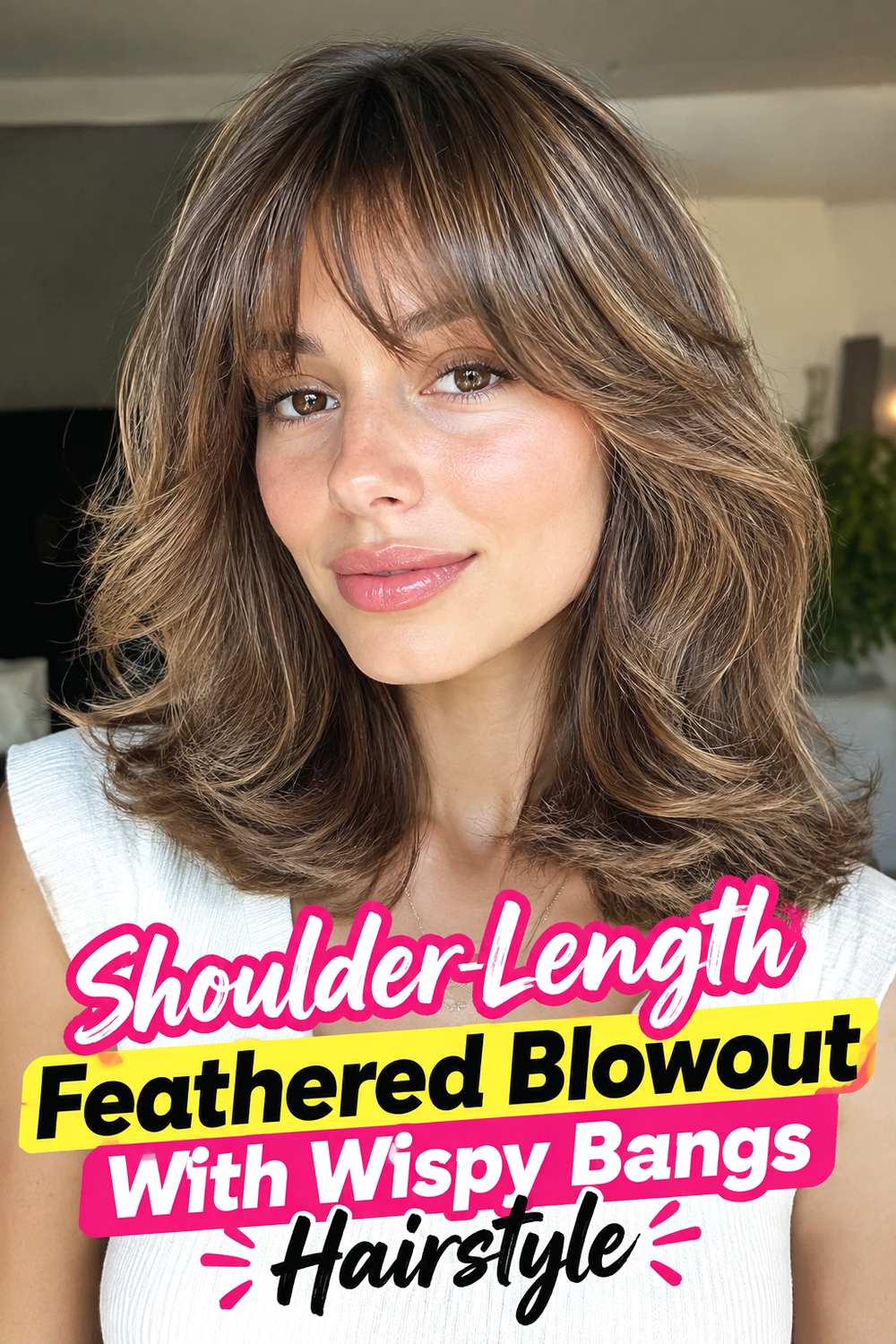 Shoulder-Length Feathered Blowout With Wispy Bangs Hairstyle