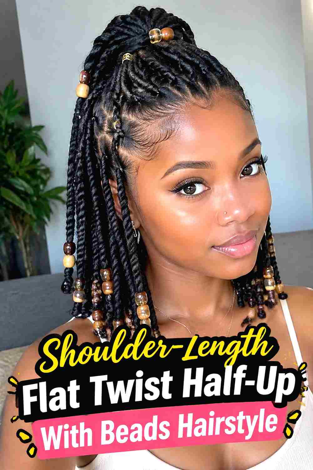16. Shoulder Length Flat Twist Half Up With Beads Hairstyle