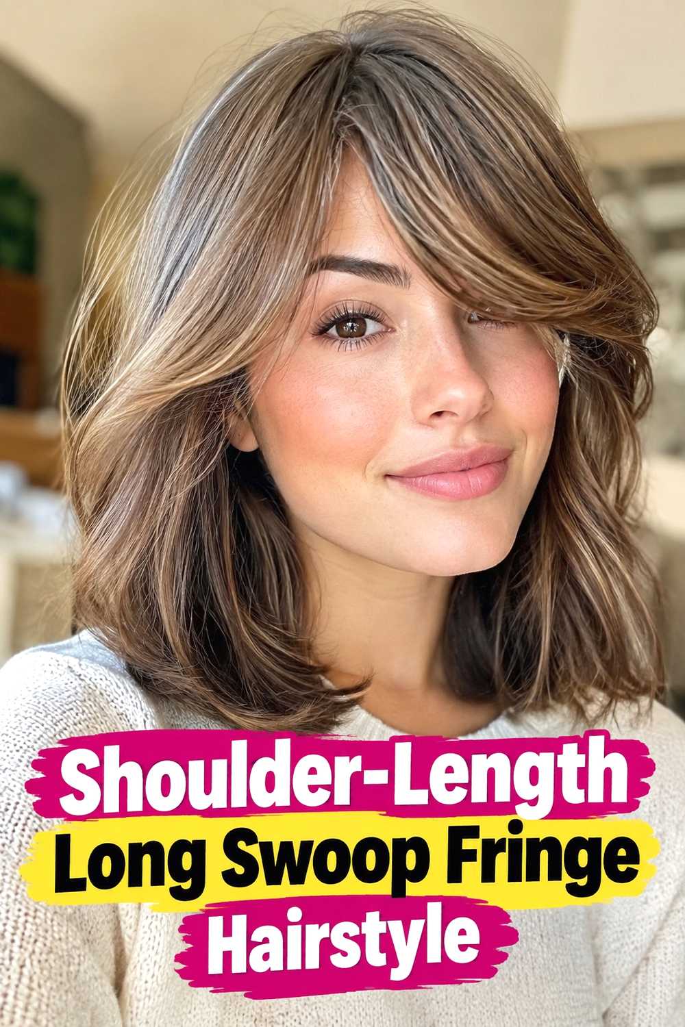 10. Shoulder Length Long Swoop Fringe Hairstyle