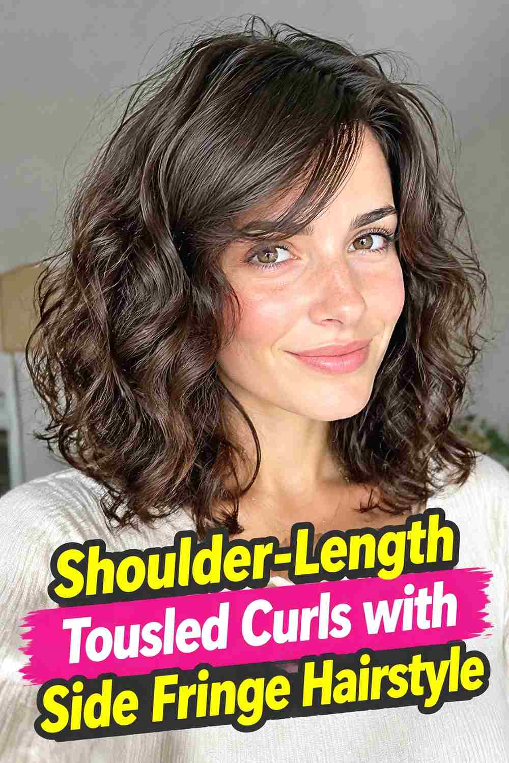 13. Shoulder Length Tousled Curls With Side Fringe Hairstyle