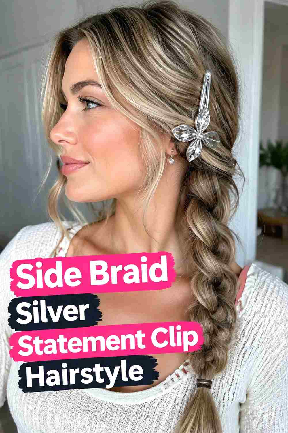 7. Side Braid Silver Statement Clip Hairstyle