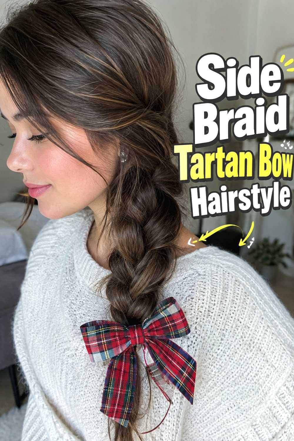 8. Side Braid Tartan Bow Hairstyle