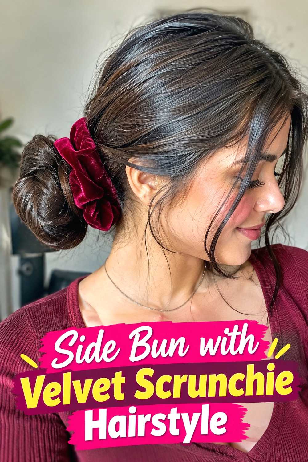 10. Side Bun With Velvet Scrunchie Hairstyle