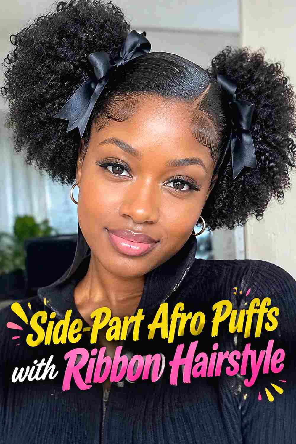 4. Side Part Afro Puffs With Ribbon Hairstyle