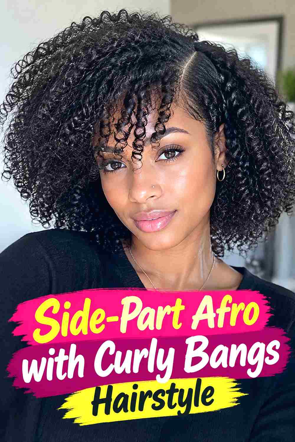 9. Side Part Afro With Curly Bangs Hairstyle