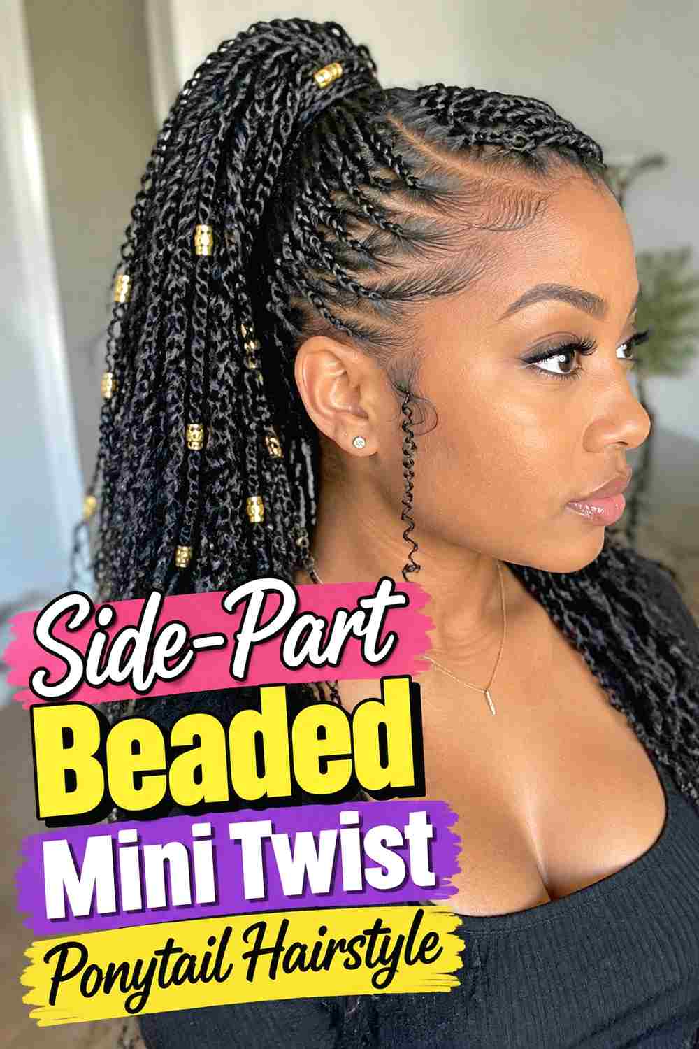 3. Side Part Beaded Mini Twist Ponytail Hairstyle