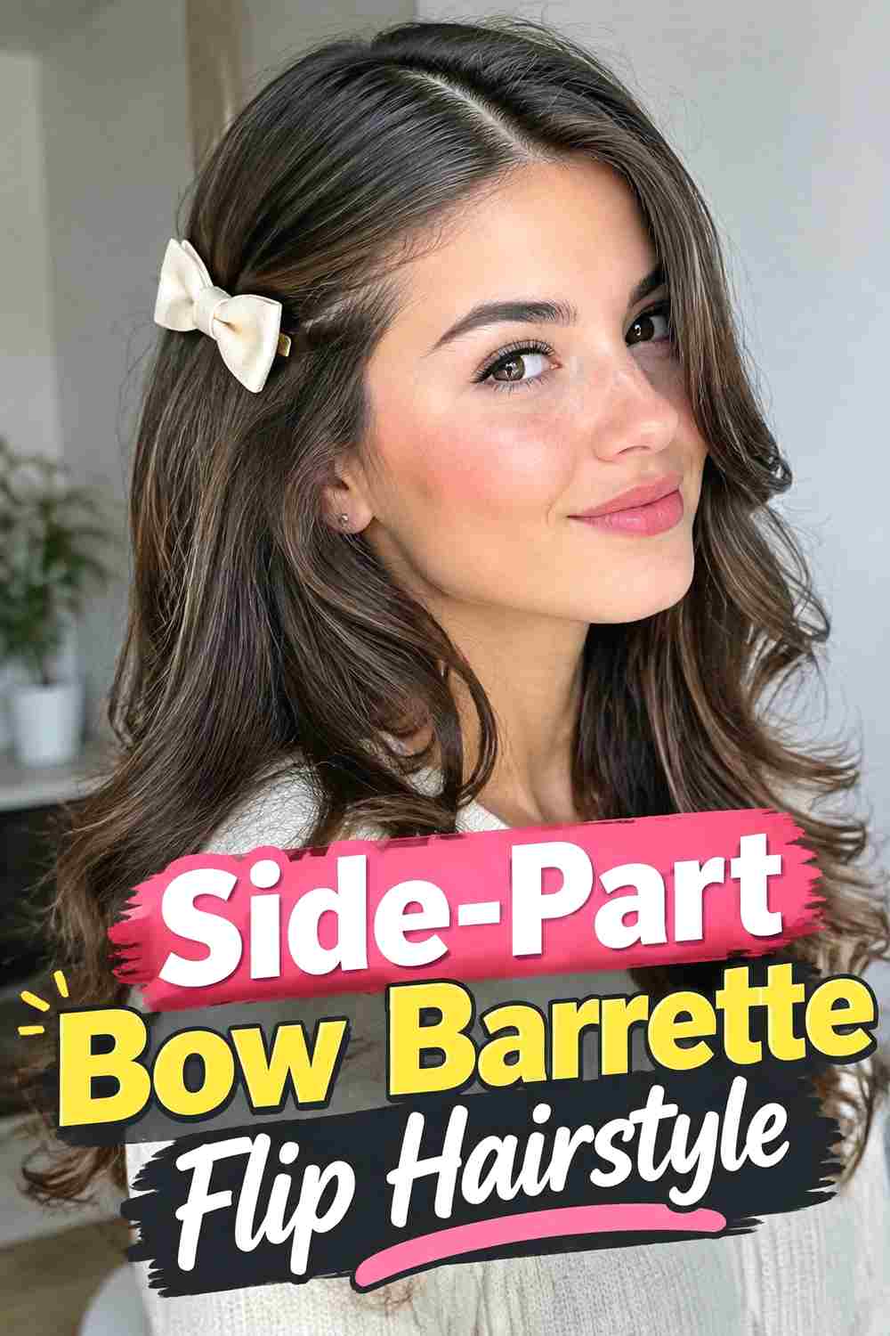 6. Side Part Bow Barrette Flip Hairstyle