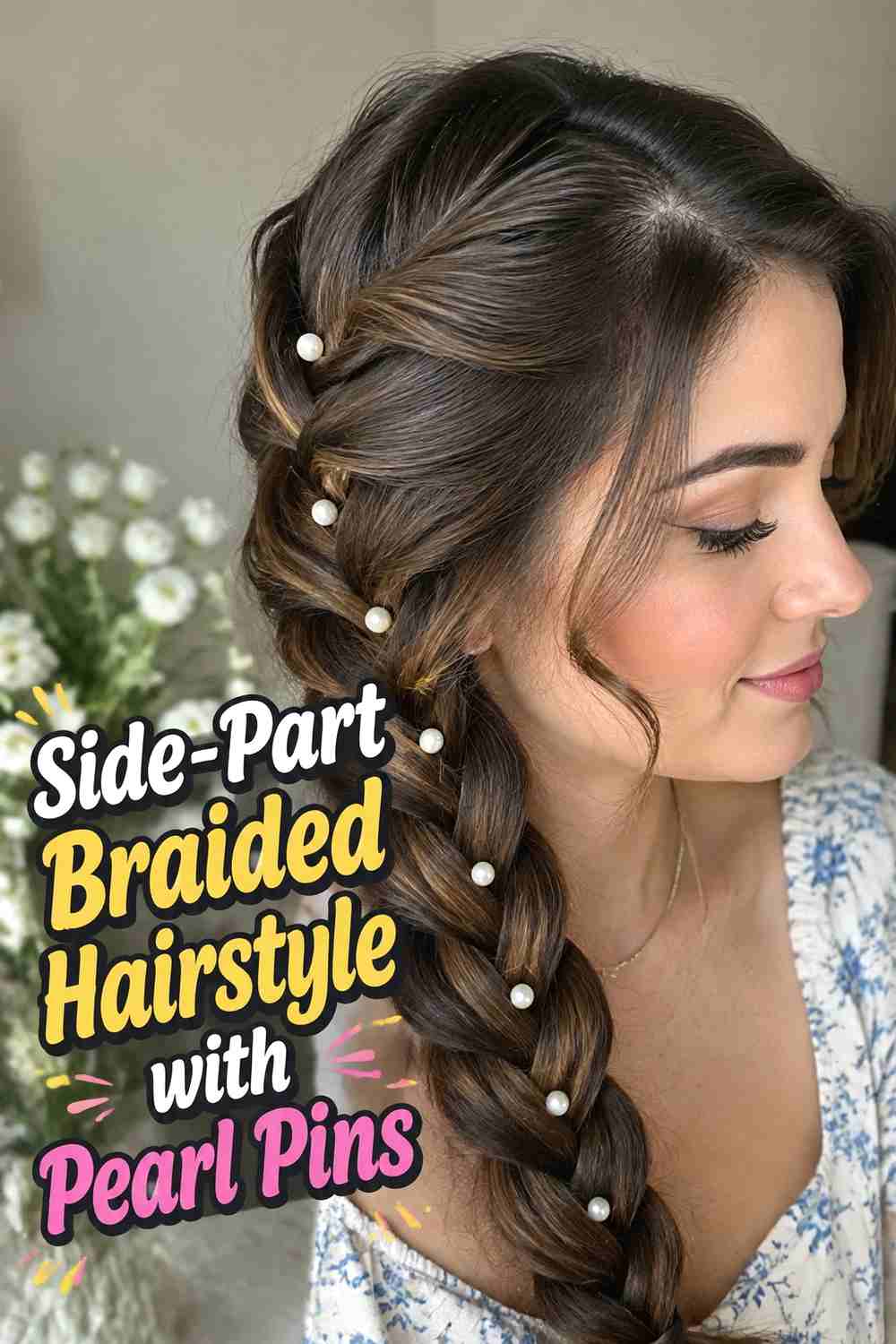 16. Side Part Braided Hairstyle With Pearl Pins