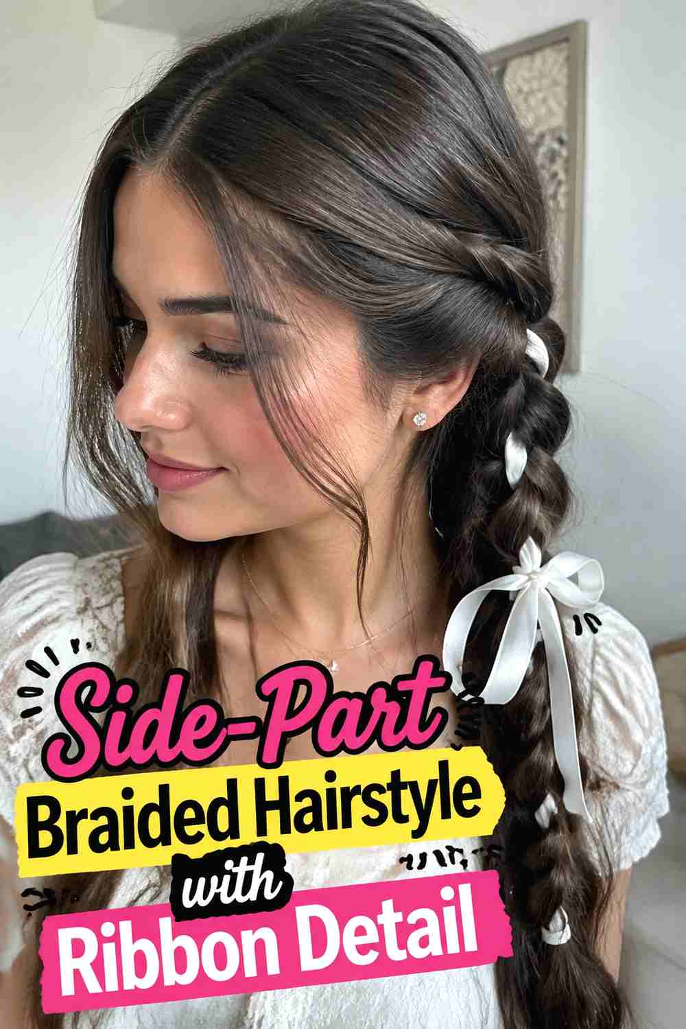 17. Side Part Braided Hairstyle With Ribbon Detail