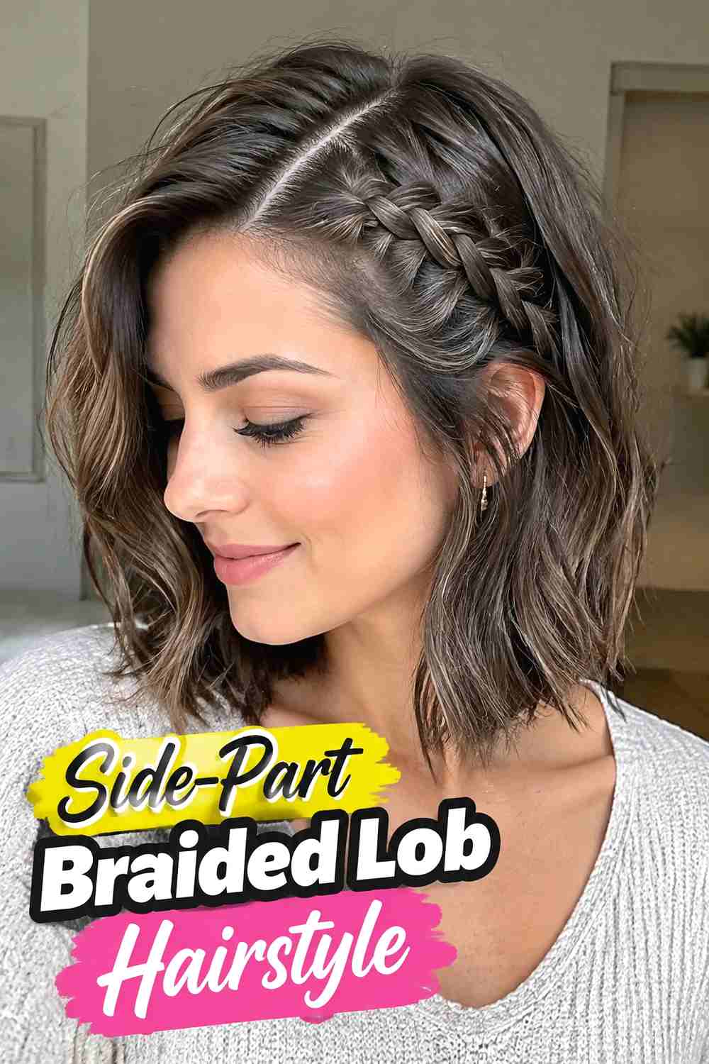 14. Side Part Braided Lob Hairstyle