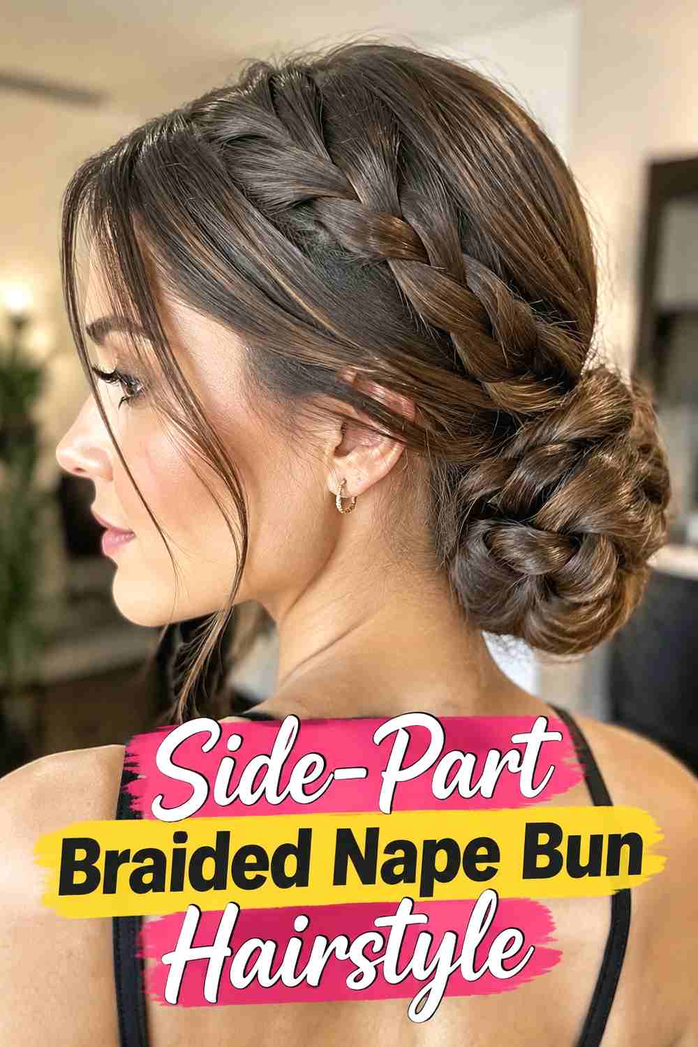 3. Side Part Braided Nape Bun Hairstyle