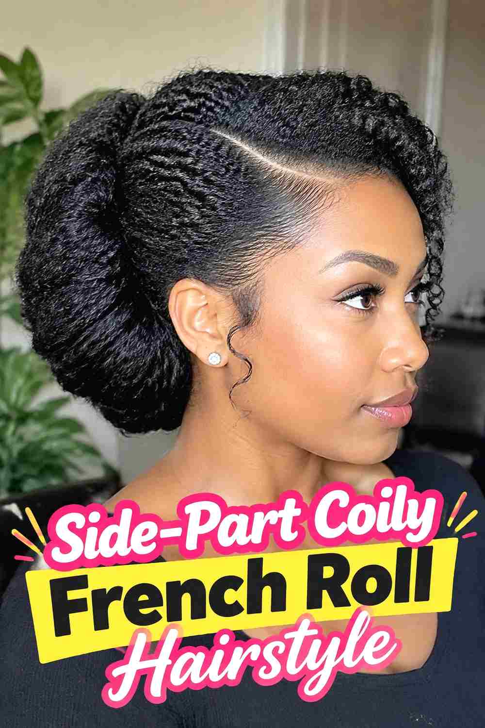 2. Side Part Coily French Roll Hairstyle