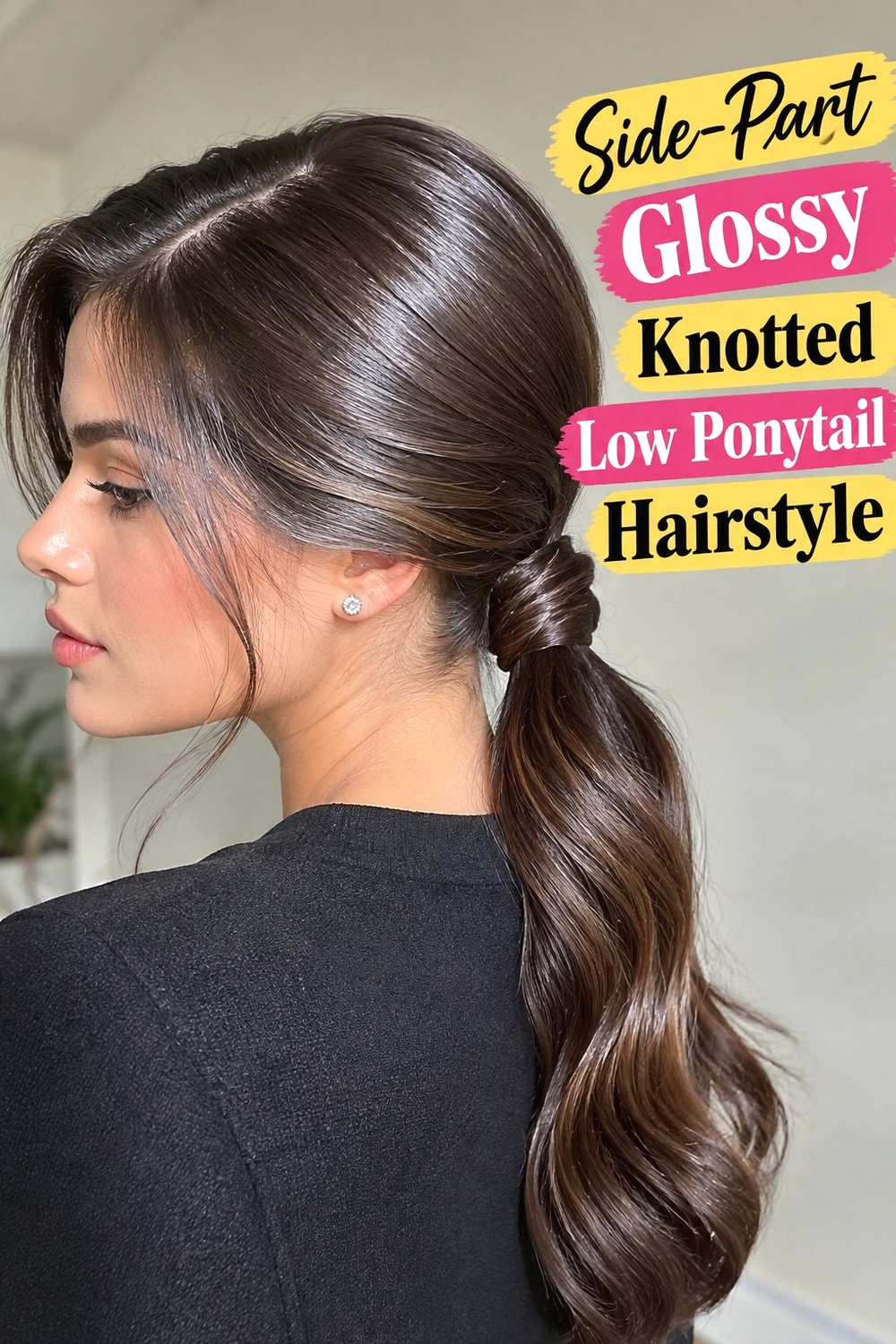 15. Side Part Glossy Knotted Low Ponytail Hairstyle