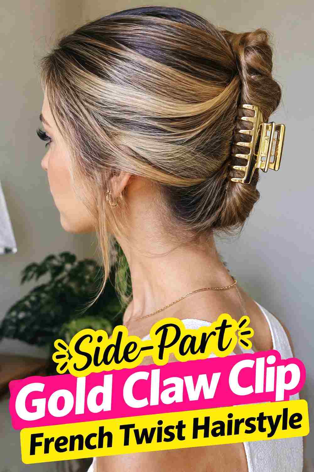 4. Side Part Gold Claw Clip French Twist Hairstyle