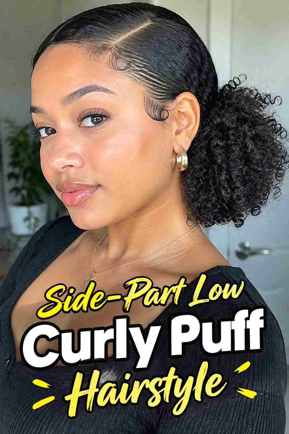 3. Side Part Low Curly Puff Hairstyle