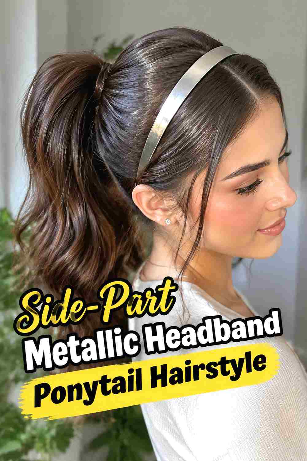 5. Side Part Metallic Headband Ponytail Hairstyle