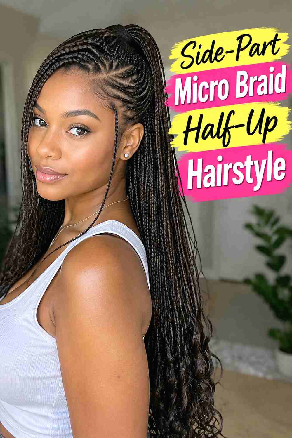 3. Side Part Micro Braid Half Up Hairstyle